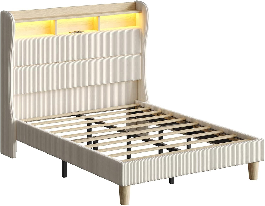 Bestier Queen Size Upholstered Wingback Bed Frame with 51' High Headboard Corduroy Fabric RGB LED Lights, Charging Station Dual Storage Shelves Modern Off White Platform Bed No Box Spring Needed