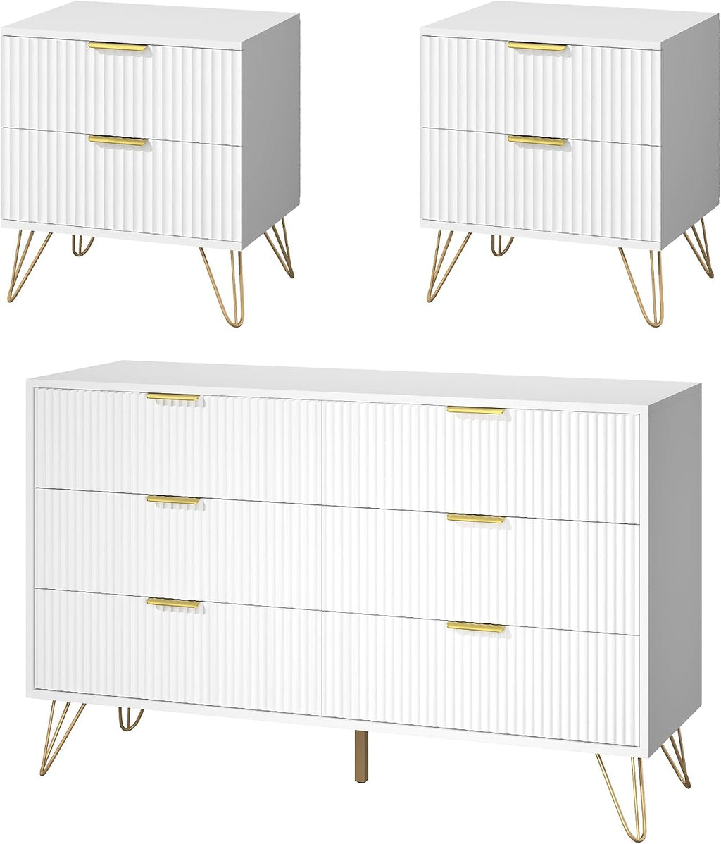 White 6 Drawer Dresser and Nightstand Sets for Bedroom, 3 Pcs Fluted Bedroom Set，Night Stand Set of 2 & 6 Drawer Dresser with Golden Handles, Wood Chest of Drawers Storage Cabinet Set