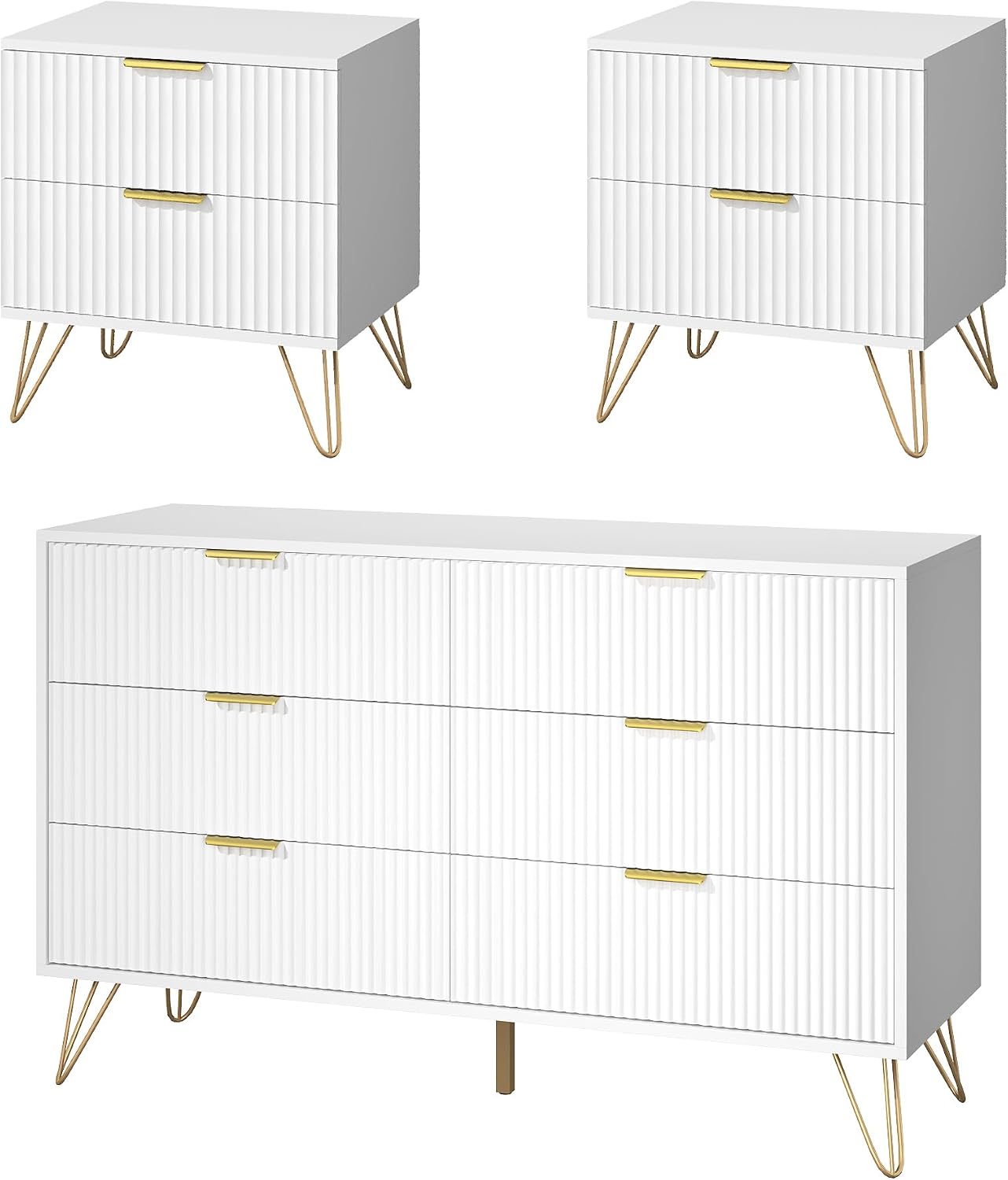 White 6 Drawer Dresser and Nightstand Sets for Bedroom, 3 Pcs Fluted Bedroom Set，Night Stand Set of 2 & 6 Drawer Dresser with Golden Handles, Wood Chest of Drawers Storage Cabinet Set