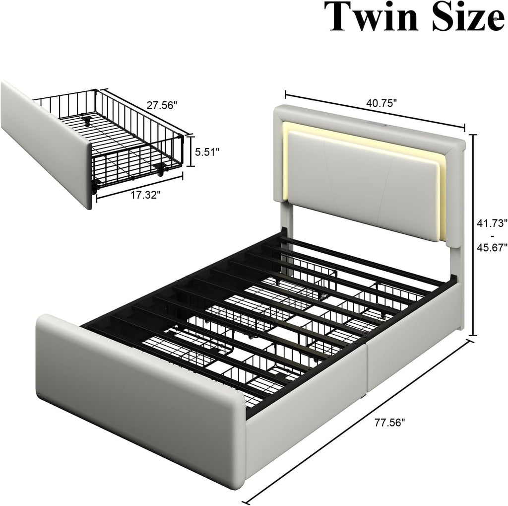 Twin Size Bed Frame with 4 Storage Drawers and LED Lights, Upholstered Platform Bed with Adjustable Headboard and Charging Station, Metal Slats Support, No Box Spring Needed,Easy Assembly, White