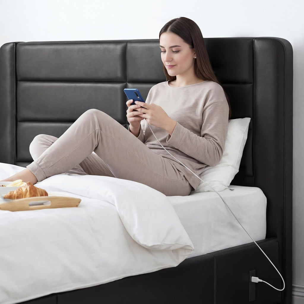 Yaheetech King Size Bed Frame with 2 USB Charging Station/Port for Type A&Type C/4 Storage Drawers, Leather Upholstered Platform Bed with Headboard/Solid Wood Slat Support/No Box Spring Needed/Black