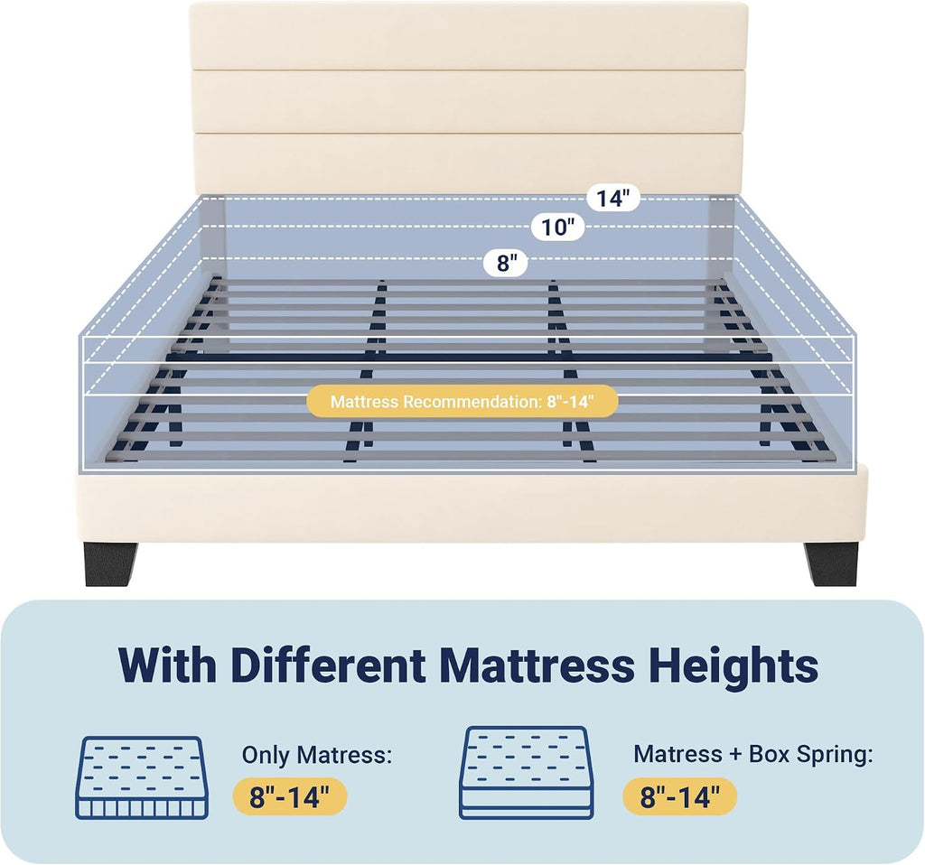 Allewie King Size Platform Bed Frame with Velvet Upholstered Headboard and Wooden Slats Support, Fully Upholstered Mattress Foundation/No Box Spring Needed/Easy Assembly, Cream