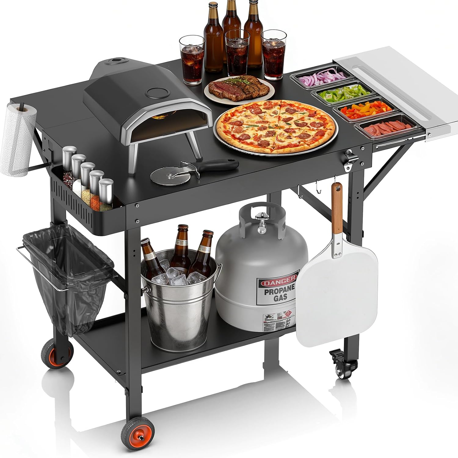 EUTRKei Pizza Oven Table with Topping Station - 45' x 29' Outdoor Grill Cart for Ooni, Ninja, Gozney, Solo Stove, Heavy Duty 450lbs Capacity, Grill Table with Extendable Desk for Tailgating Backyard