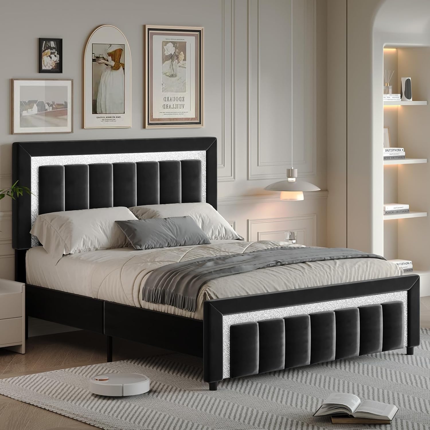 HOMBCK Queen Bed Frame with Headboard, Velvet Upholstered Platform Bed Frame Queen Size with Diamond Headboard & Footboard, Wooden Slats Support, No Box Spring Required, Easy Assembly, Black