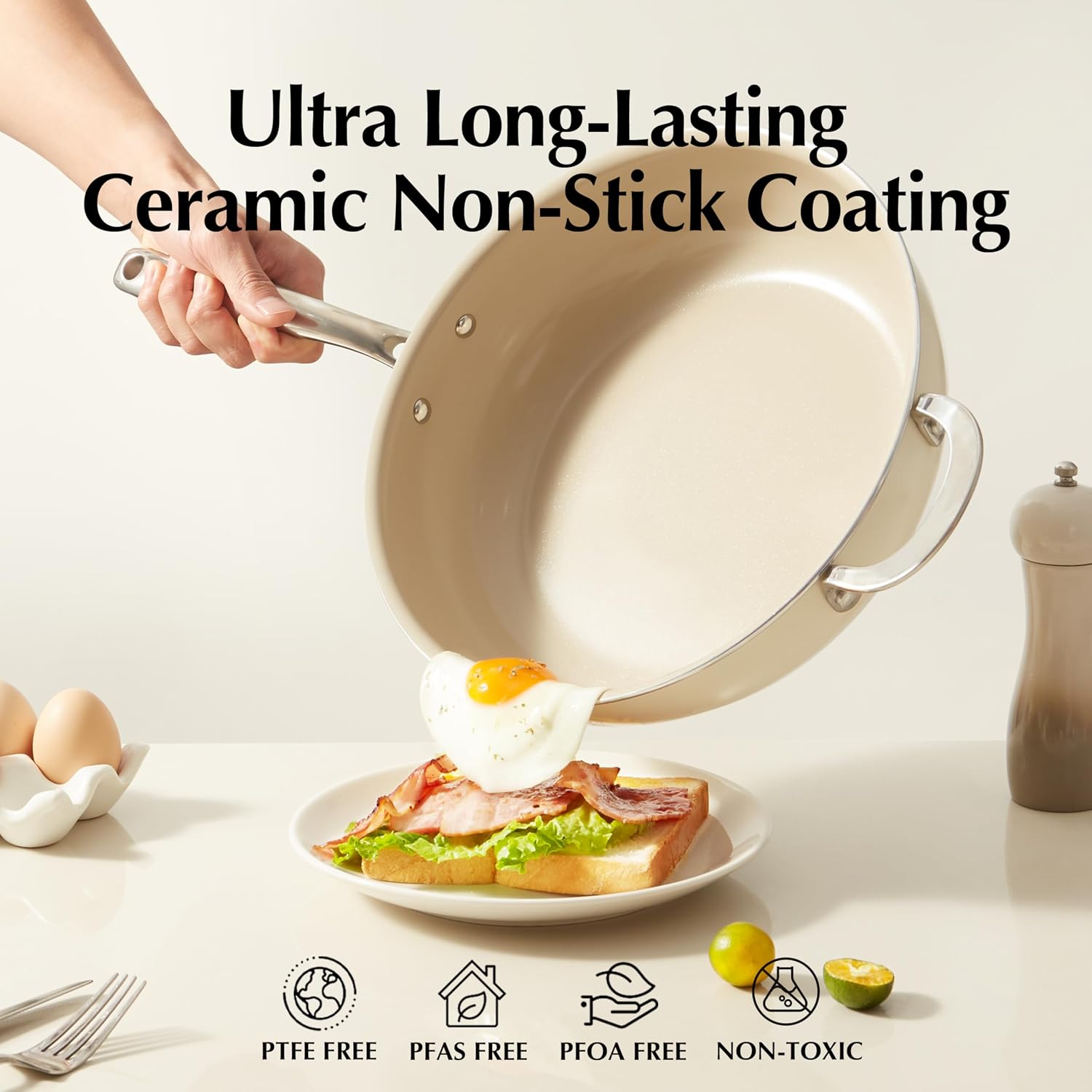 Redchef Ceramic Saute Pan with Lid, Nonstick 3PCS Frying Pan, 5QT Jumbo Cooker with Helper Handle & Lid, Non Toxic Ceramic Cooking Pan, Chef Pan, Dishwasher & Oven Safe, PFAS PFOA & PTFE Free