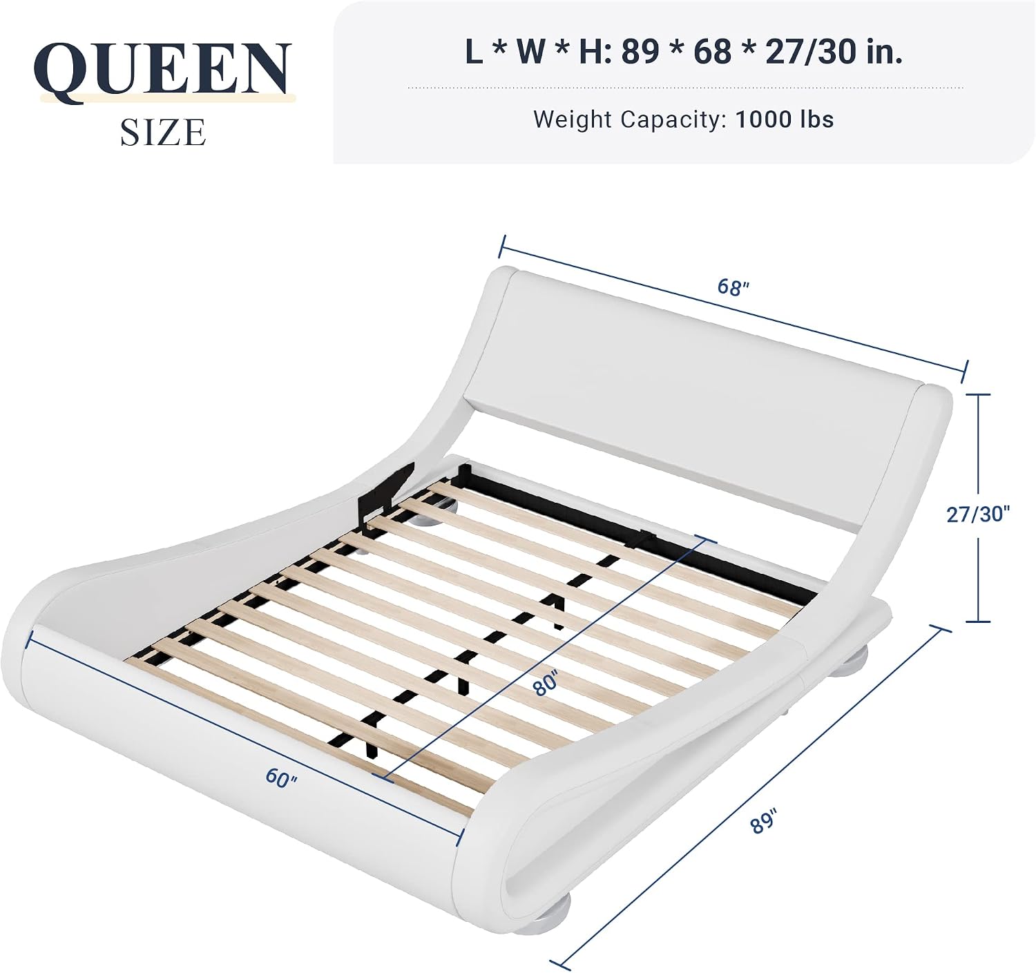 Allewie Queen Size Upholstered Platform Bed Frame with Ergonomic & Adjustable Headboard, Modern Low Profile Sleigh Design - Easy Assembly, No Box Spring Needed, White