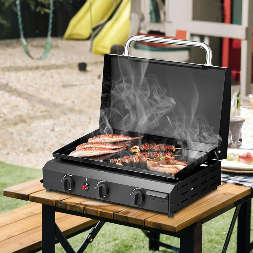 Portable 3-Burner Flat Top Gas Griddle, Cooking Station with Ceramic Coated Cast Iron Pan, 30000 BTU Propane Tabletop Griddle for Outdoor Barbecue, Grilling