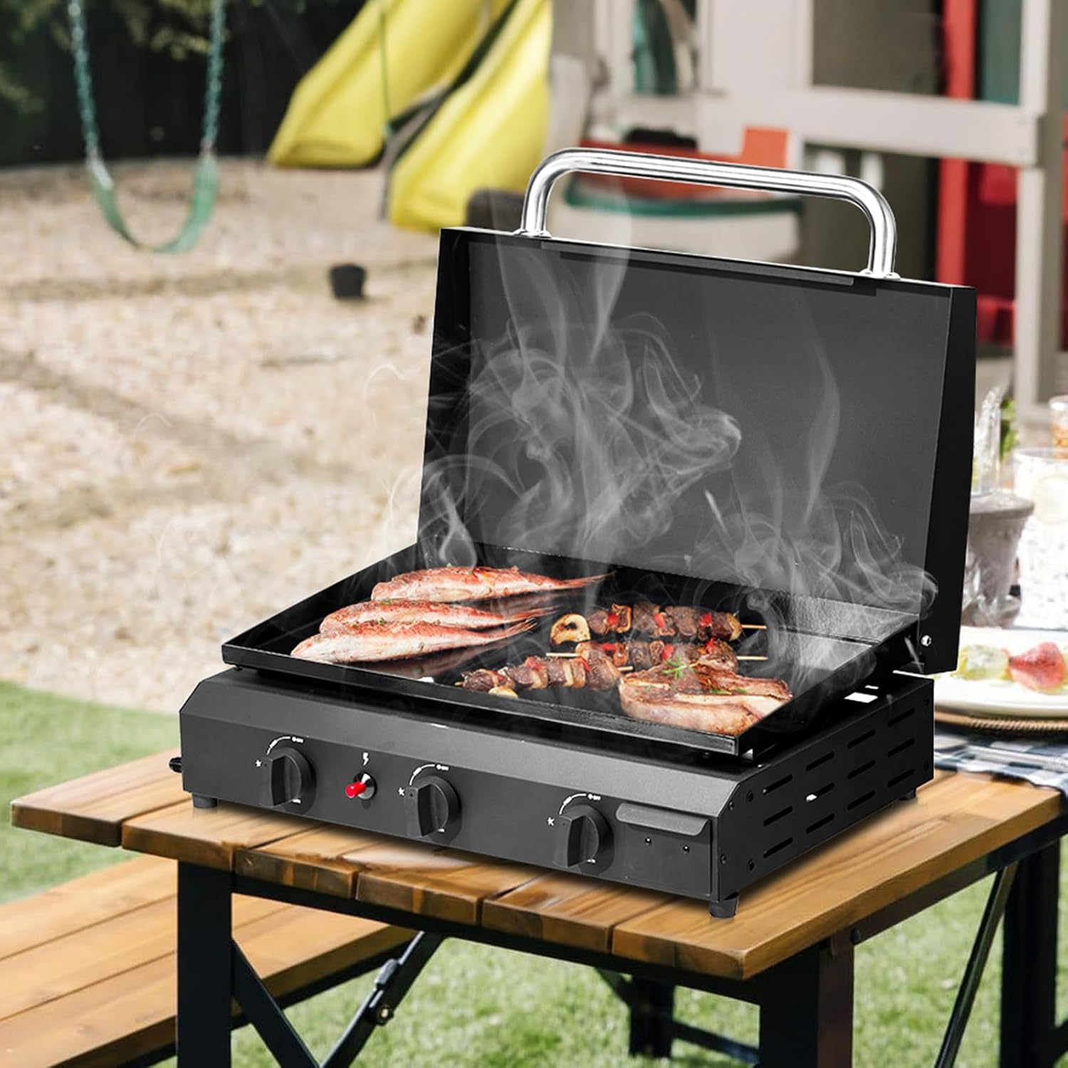 Portable 3-Burner Flat Top Gas Griddle, Cooking Station with Ceramic Coated Cast Iron Pan, 30000 BTU Propane Tabletop Griddle for Outdoor Barbecue, Grilling