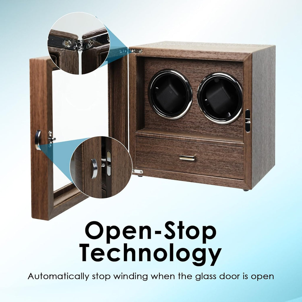 Double Watch Winder for 2 Automatic Watches, Luxury Wood Grain Case with Jewelry Storage Drawer, Ultra-Quiet Motor, 4 Modes & Blue LED - Professional Watch Box for Collectors