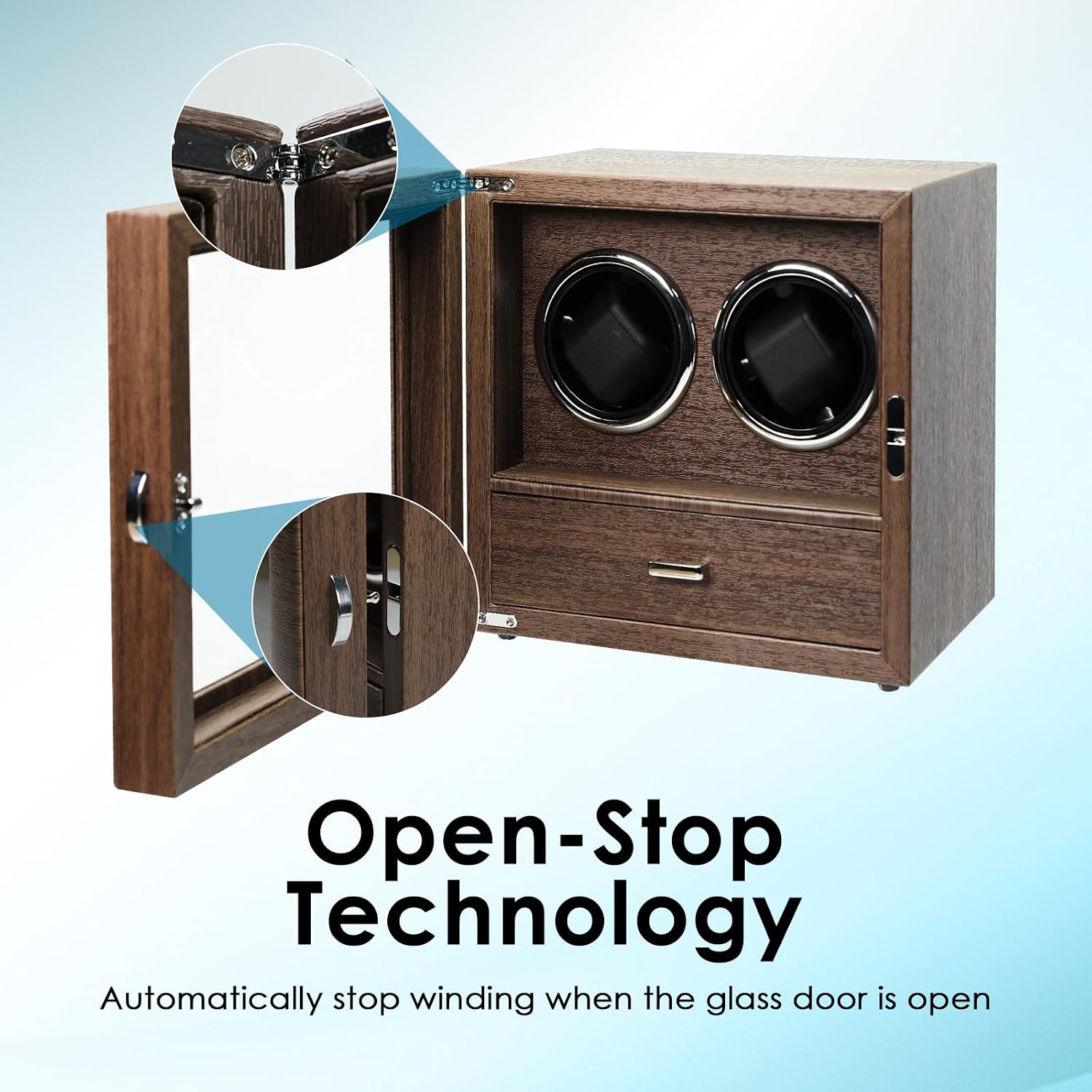 Double Watch Winder for 2 Automatic Watches, Luxury Wood Grain Case with Jewelry Storage Drawer, Ultra-Quiet Motor, 4 Modes & Blue LED - Professional Watch Box for Collectors