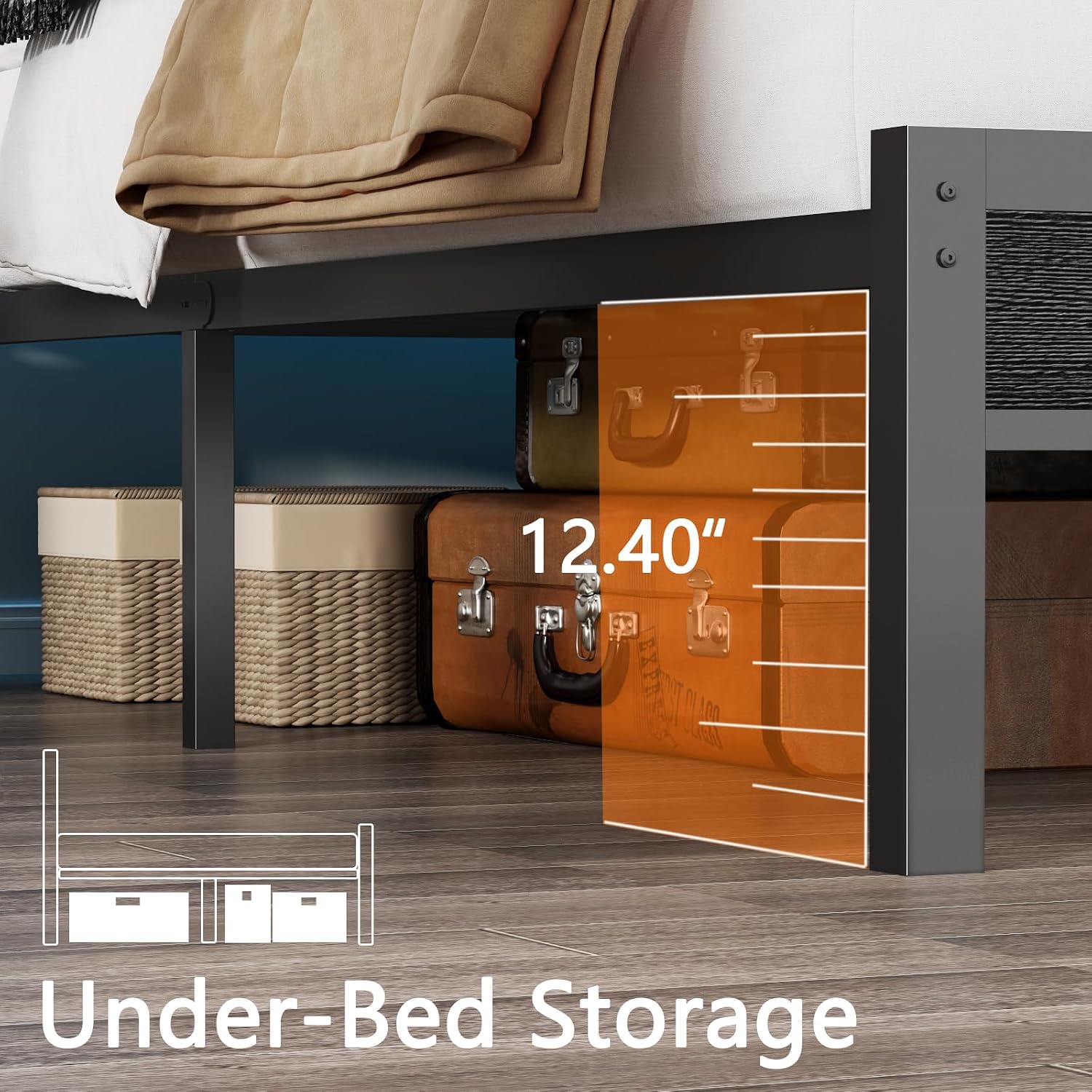 Furnulem Queen Bed Frame with Headboard & 2 Fabric Drawers, Bed Frame Queen Size Featuring LED Lights, Built-in Charging Station & Storage Shelves, Metal Slats, No Box Spring Needed – Black Oak