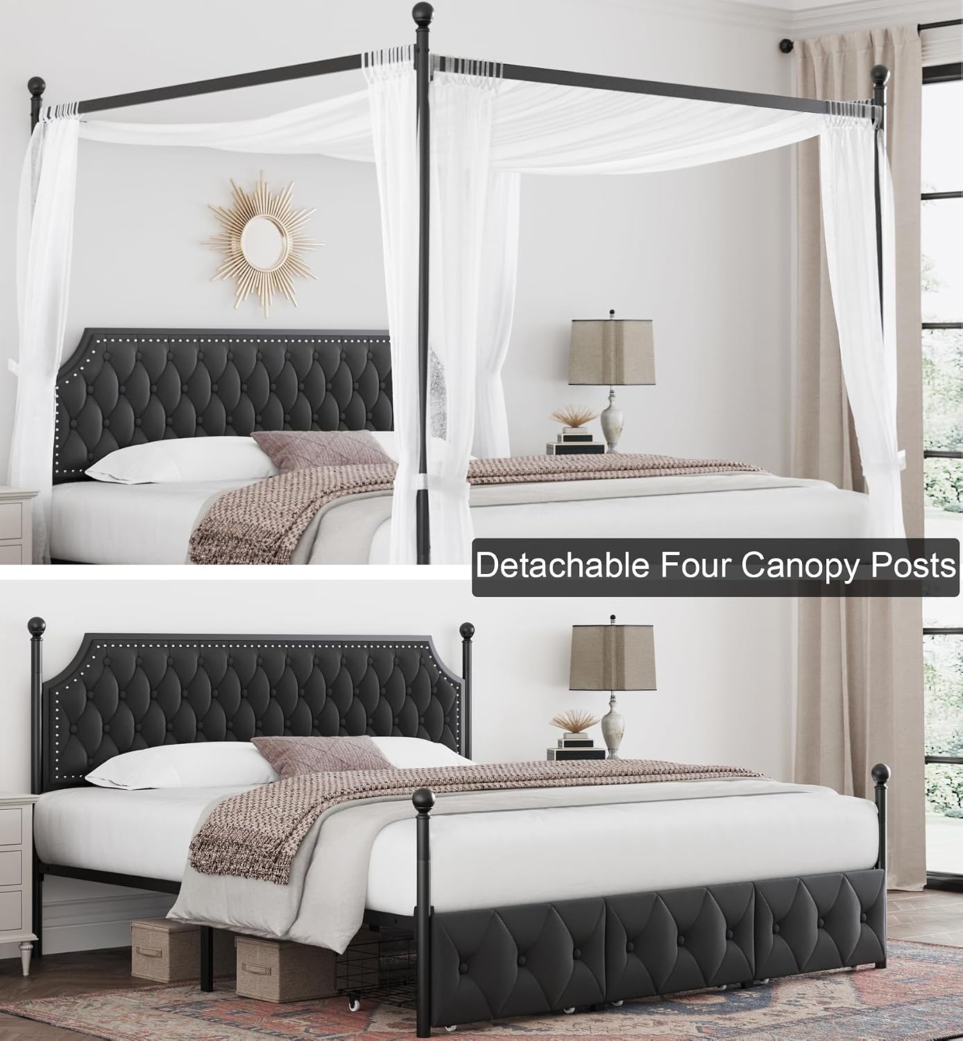 Keyluv King Upholstered Canopy Bed Frame with 3 Storage Drawers & Button Tufted Headboard, Metal Platform Bed with 4 Removable Posts, Two-Purpose Velvet Bed, Dark Grey/Curtain Not Included