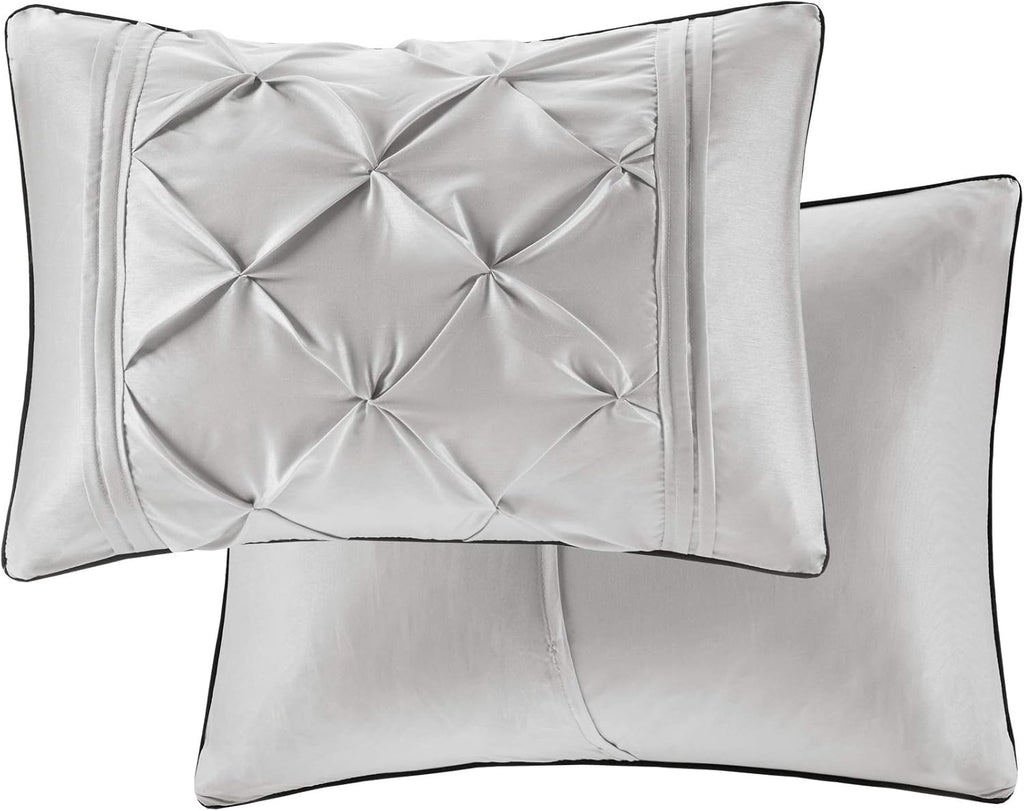 Madison Park Essentials Room in a Bag Faux Silk Comforter Set - Luxe Diamond Tufting All Season Bedding, Matching Curtains, Decorative Pillows, Grey Queen(90'x90') 24 Piece
