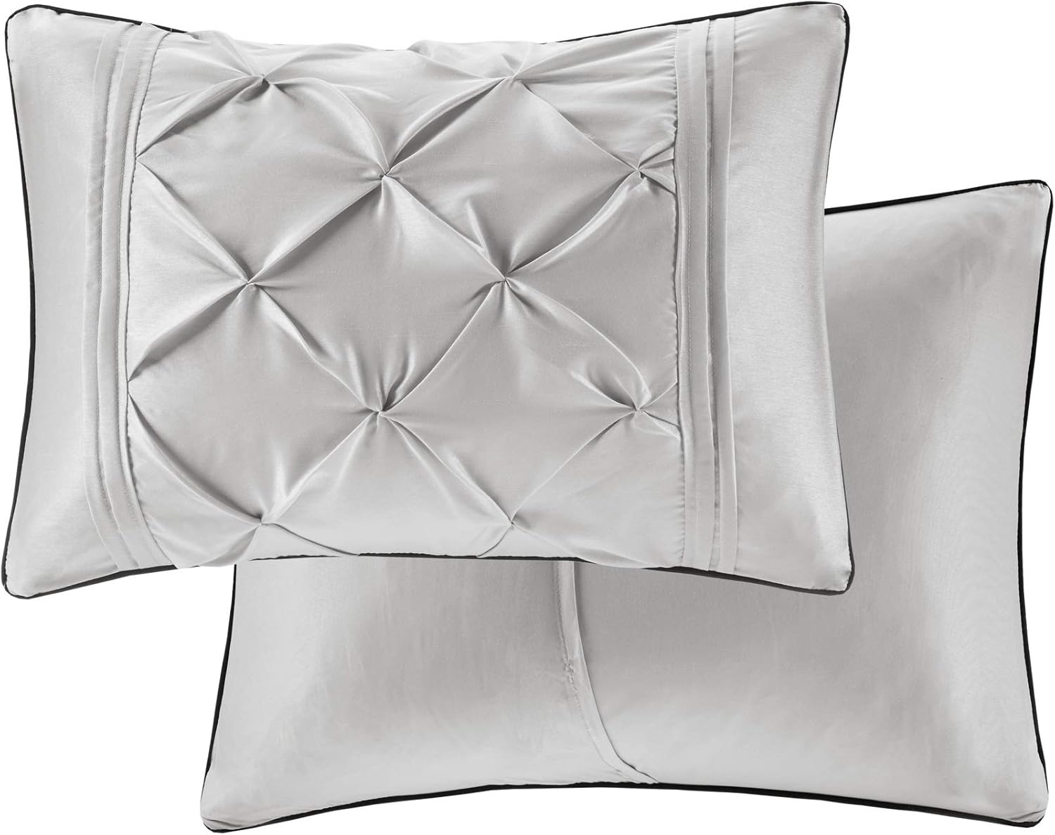 Madison Park Essentials Room in a Bag Faux Silk Comforter Set - Luxe Diamond Tufting All Season Bedding, Matching Curtains, Decorative Pillows, Grey Queen(90'x90') 24 Piece