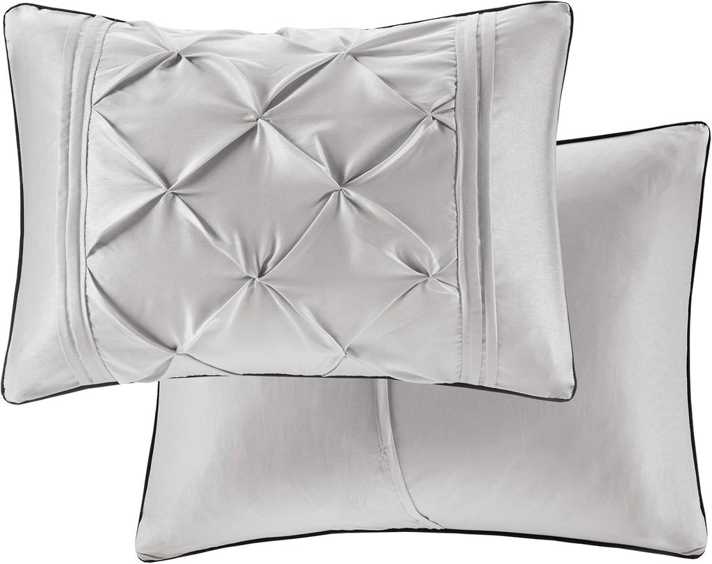 Madison Park Essentials Room in a Bag Faux Silk Comforter Set - Luxe Diamond Tufting All Season Bedding, Matching Curtains, Decorative Pillows, Grey Cal King(104'x92') 24 Piece