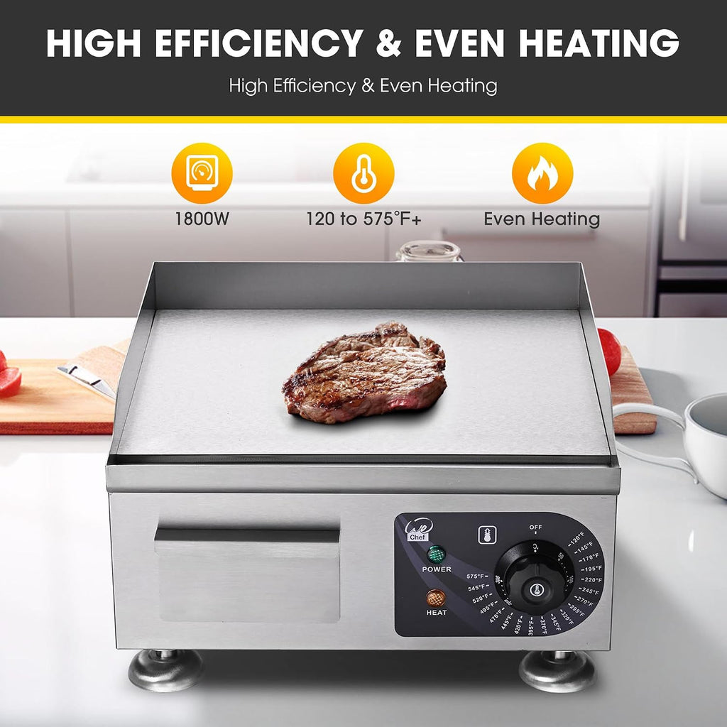WeChef Commercial Electric Griddle 14' 1800W Countertop Griddle Flat Top Restaurant Grill Non-Stick Flat Temperature Control 122 to 572 Degrees