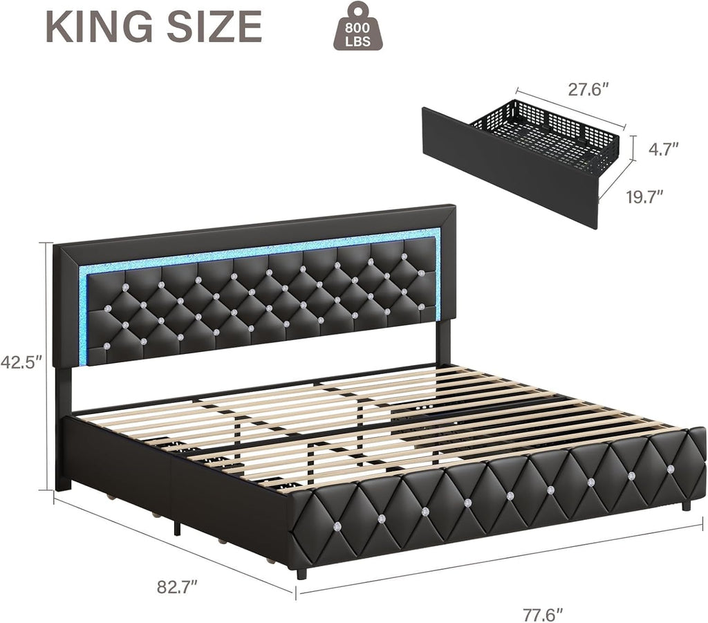 BarnFurin King Size Bed Frame with LED Lights and Storage Drawers, Upholstered Platform Bed with Crystal Tufted Headboard, Wooden Slats Support, No Box Spring Needed, Easy Assembly, Black