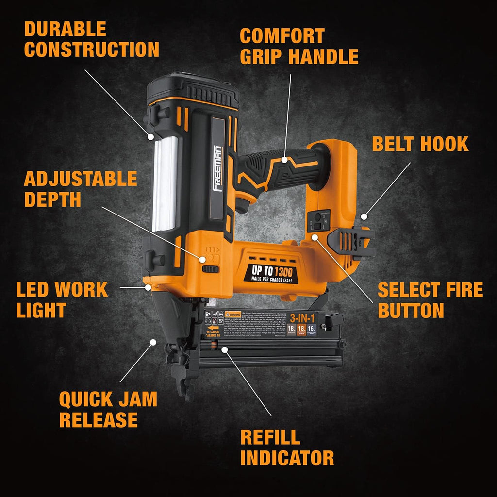 Freeman PE20VT31618 20 Volt Cordless 3-in-1 16 and 18 Gauge Nailer/Stapler (Tool Only) – 1300 Shots per Charge