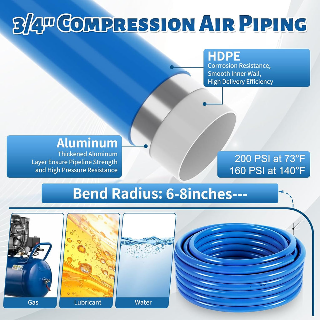 Shop Air Line Kit 3/4' 100FT Compressed Air Piping System HDPE-Aluminum-HDPE Air Tubing with 4-Way Aluminum Blocks Brass Valves Air Piping Fittings Kit Air Compressor Accessories for Garage
