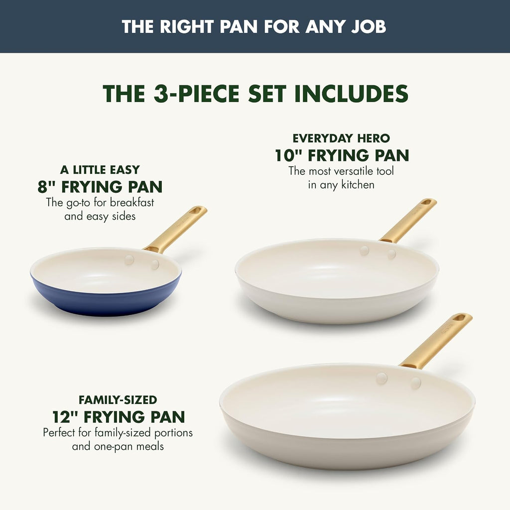 GreenPan 3 Piece Ceramic Cookware Set, Non Stick Frying Pans (8' 10' & 12' Skillets), PFAS-Free Non-Toxic Induction Cookware, Hard Anodized, Kitchen Pots, Dishwasher Safe, Navy, Taupe, Cream