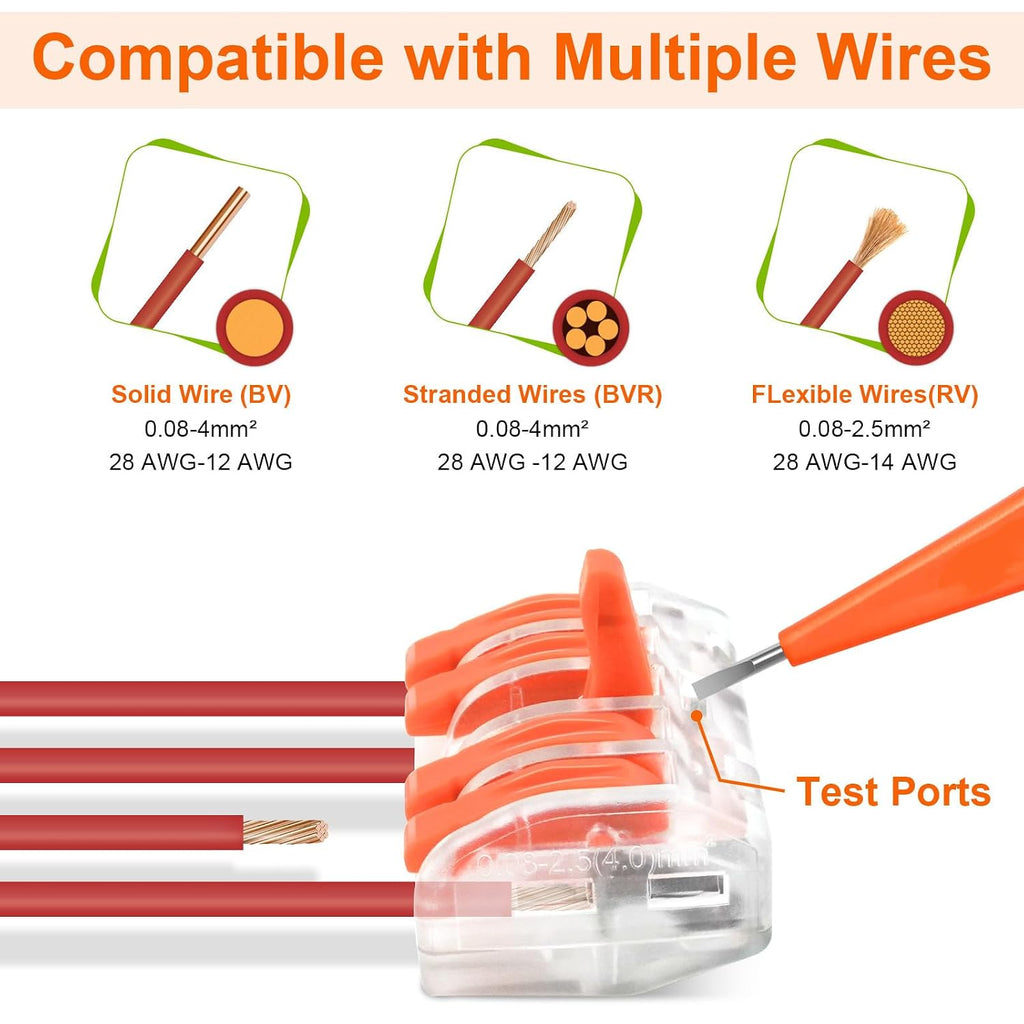 NineLeaf 120 Pcs Lever Wire Connectors Kit, 1/2/3/4/5 Port Combination, Push-in Electrical Wire Nuts AWG 28–12, Reusable Transparent Quick Connectors with Voltage Test Hole,50 Set