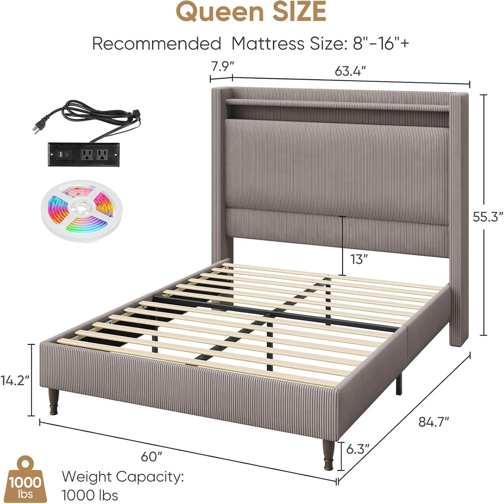 Queen Bed Frame with Tall Headboard, 55.3' Upholstered Platform Bed with LED Lights & Charging Station, Elegant Corduroy Bedframe, 2-tier Storage Wingback Headboard, No Box Spring Needed, Gray Brown