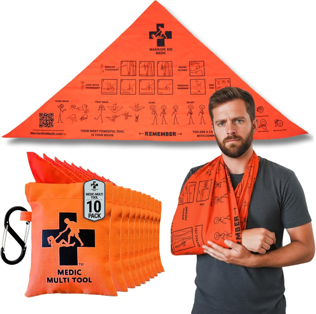 Medic Multi-Tool with Quick Draw Case, First Aid Triangular Bandage for Splint, Sprain and Broken Bones Support, 36.6' x 36.6' x 53.9', 100% Cotton, 10-Pack