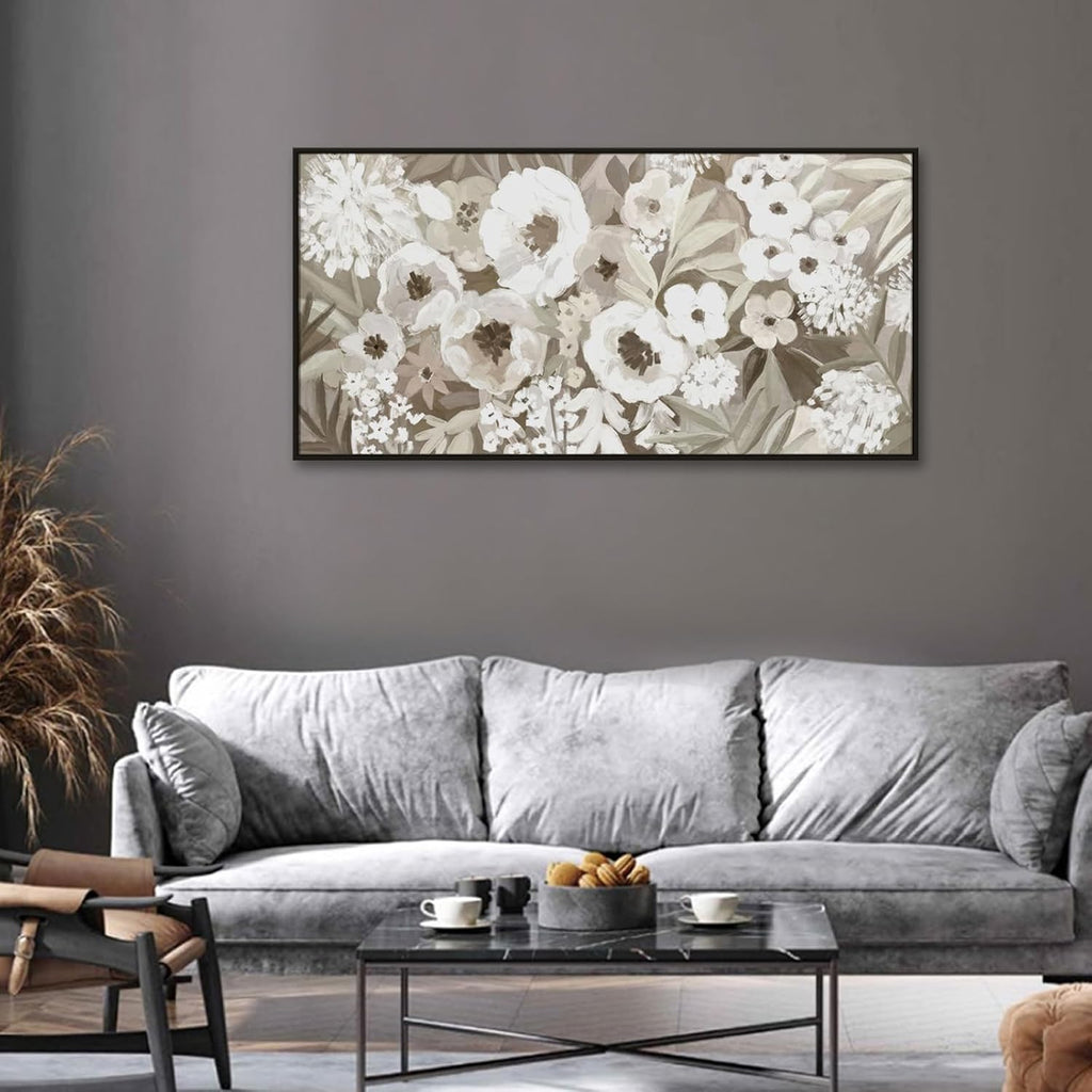 Framed Floral Canvas Wall Art, Gray and White Flowers Artwork For Living Room Bedroom Office Decor, 24 x 48 Inch