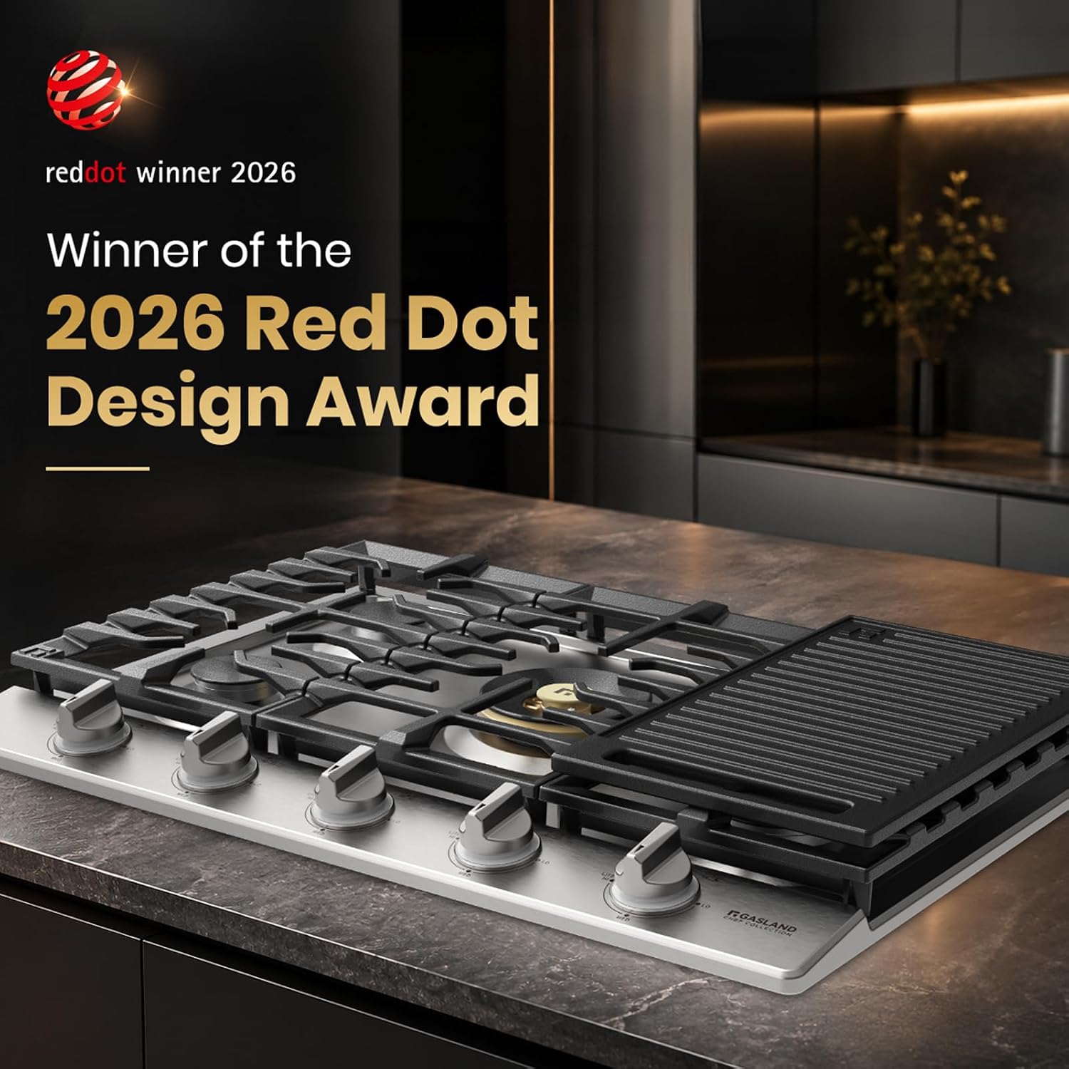 GASLAND Chef Collection Heavy Duty Gas Cooktop 30 Inch, 5 Burner NG/LPG Stovetop with Reversible Cast Iron Grill/Griddle, Gas Countertop Plug-in, NG/LPG Convertible, Stainless Steel