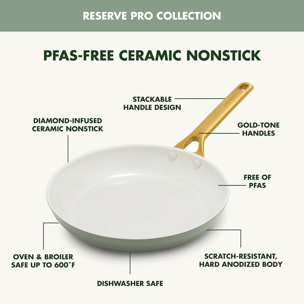 GreenPan Nonstick Reserve Pro 10' & 12' Frying Pan Set, NSF Certified Ceramic, Hard Anodized PFAS-Free Skillets, Stainless Steel Handles, Oven & Dishwasher Safe, Moss Green