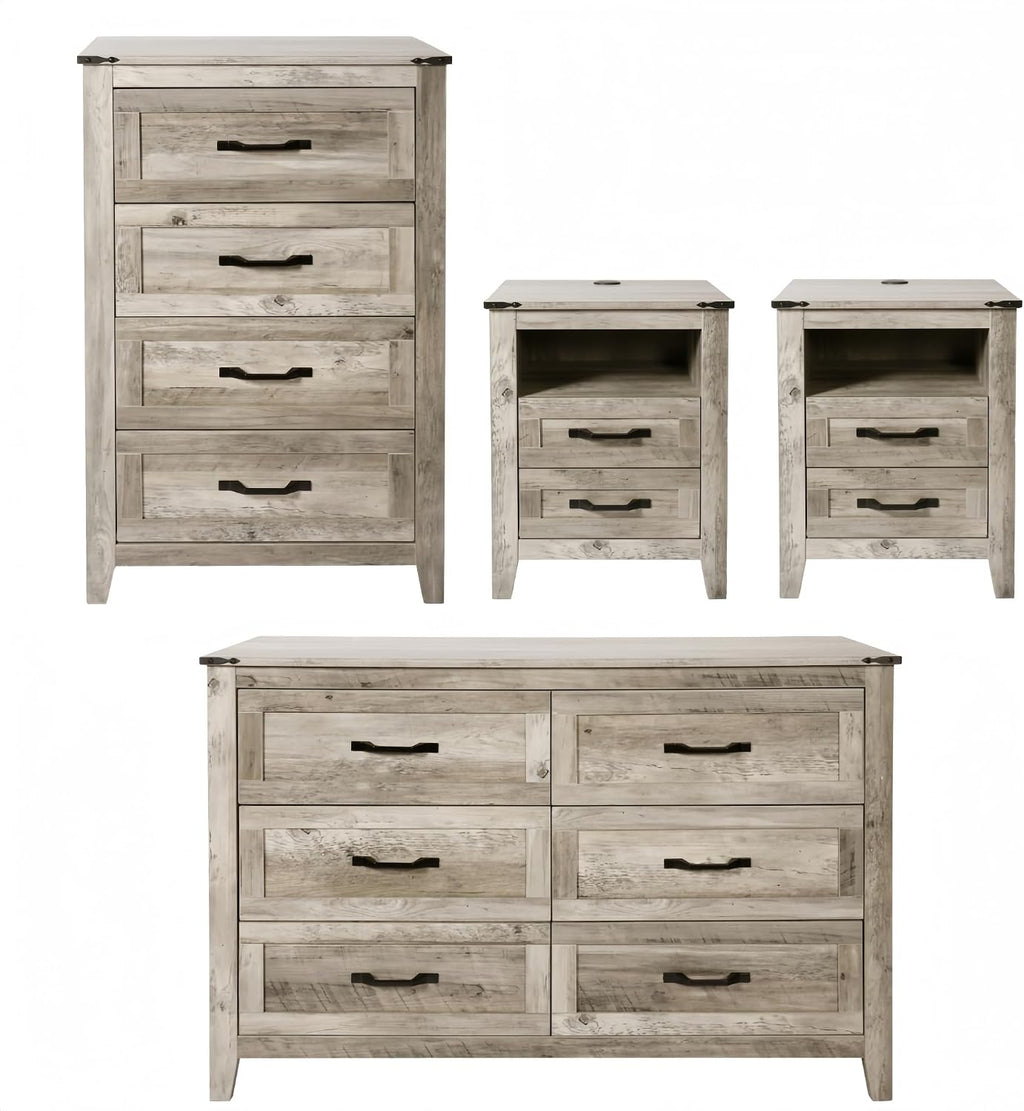 NEDYO 4PCS Farmhouse Dresser Set, Dresser and Nightstand Sets, Rustic Wooden Dresser Set. Including 6 Drawer Dresser & 4 Drawer Dresser & 2 Drawer Nightstand Set of 2 with USB. Light Rustic Oak