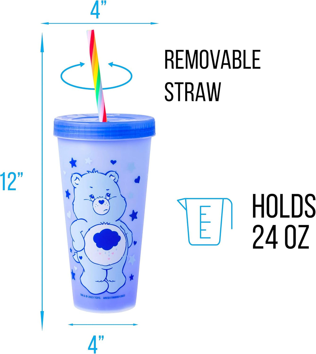 Silver Buffalo Care Bears Hearts and Stars 4 count Plastic Color Changing Tumblers with Rainbow Swirl Straws Featuring Tenderheart, Funshine, Cheer, and Grumpy Bear 24 Ounces (Pack of 12)