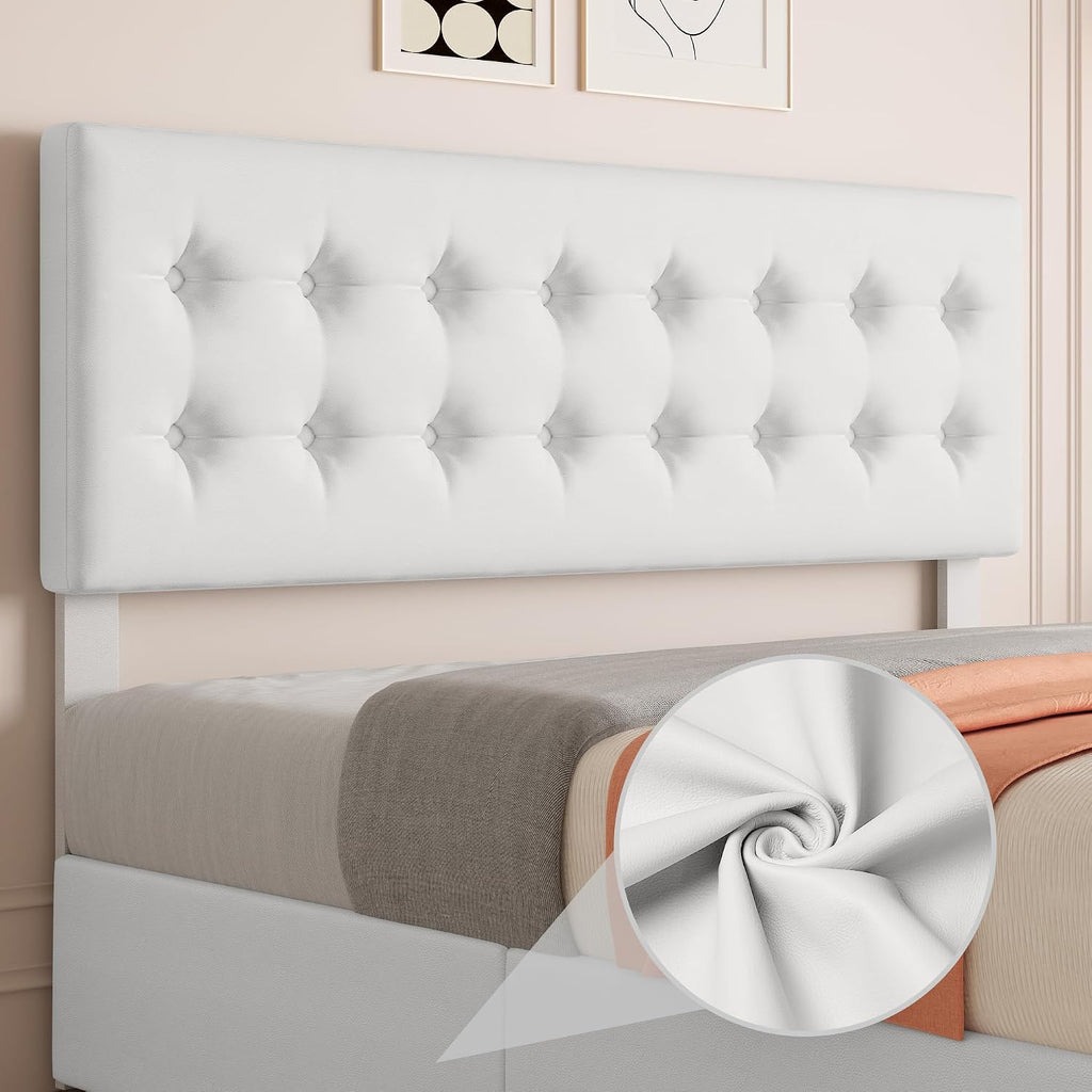 IDEALHOUSE King Size Bed Frame with 4 Storage Drawers and Headboard, Faux Leather Upholstered Platform Bed Frame with Wooden Slats Support, Button Tufted Design, No Box Spring Needed, White