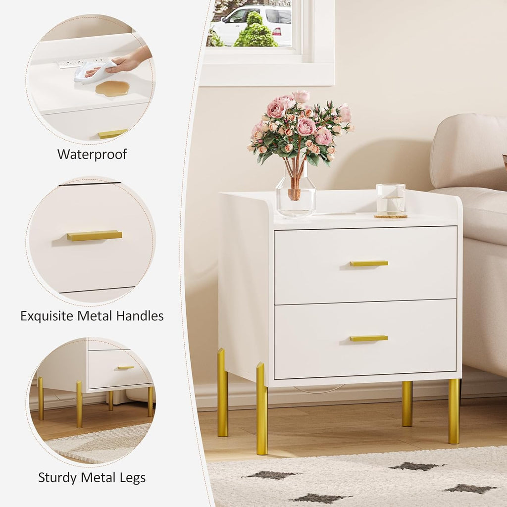 Vabches Nightstand Set of 2 with Built-in Charging Station, White Mid Century Modern Nightstand for Bedroom, Stylish End Tables for Lamps, Books