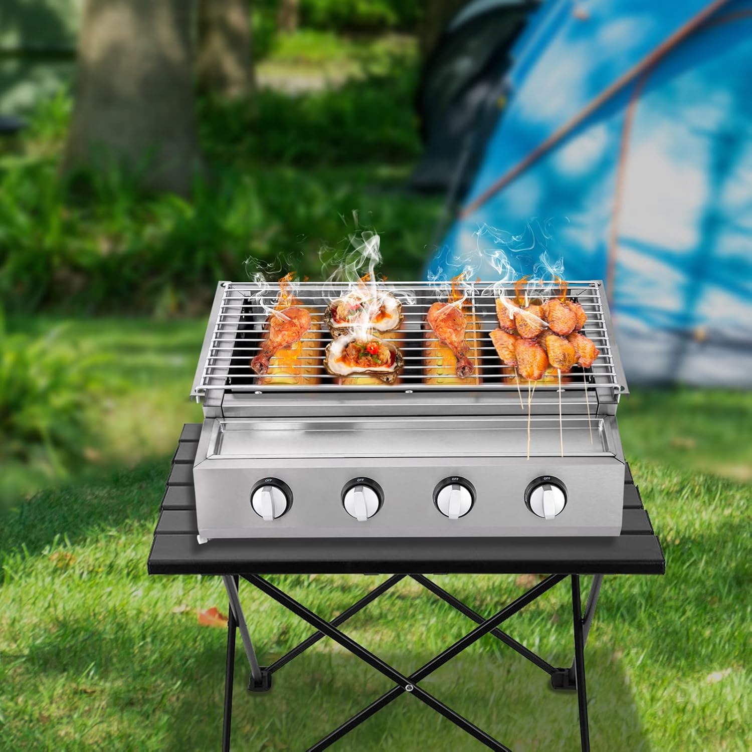 4 Burners Portable Gas Grill Tabletop Smokeless Stainless Steel Gas BBQ Grill with Griddle Independent Ignition,Propane LPG Grill for Outdoor Camping Picnic Kitchen (22.8 * 15.7 * 7.9in- 4 Burners)