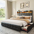 Garvee Queen Size Bed Frame with 2 Storage Drawers, Upholstered Bed Frame Queen with LED Light, Double-Layer Bedside Headboard with Charging Socket and USB Port, PU Leather, Black