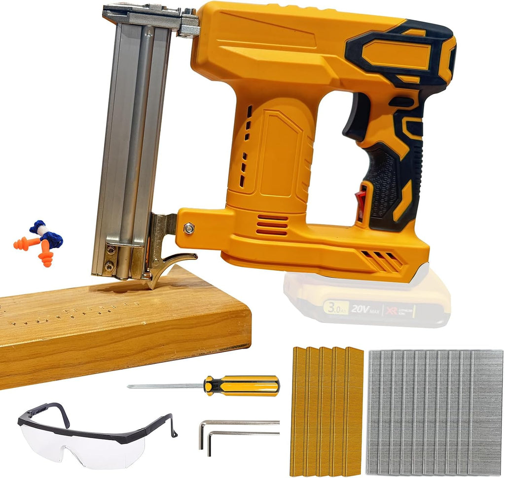 Cordless Brad Nailer Kit for DeWalt Batteries (No Battery), 2-in-1 Electric Brad Nailer/Stapler Gun with Safety Mechanism,Includes 1000 Straight Nails, 500 U Nails,Glasses for Wood Carpentry(Classic)