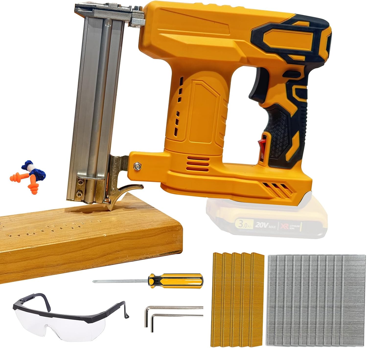 Cordless Brad Nailer Kit for DeWalt Batteries (No Battery), 2-in-1 Electric Brad Nailer/Stapler Gun with Safety Mechanism,Includes 1000 Straight Nails, 500 U Nails,Glasses for Wood Carpentry(Classic)