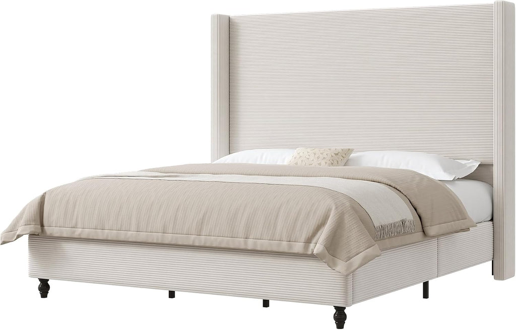 AMERLIFE King Size Bed Frame with 65' Tall Headboard, Upholstered Corduroy Bed Frame with Wingback, Platform Bed with Solid Wood Gourd Legs, Solid Slats, No Box Spring Needed, White