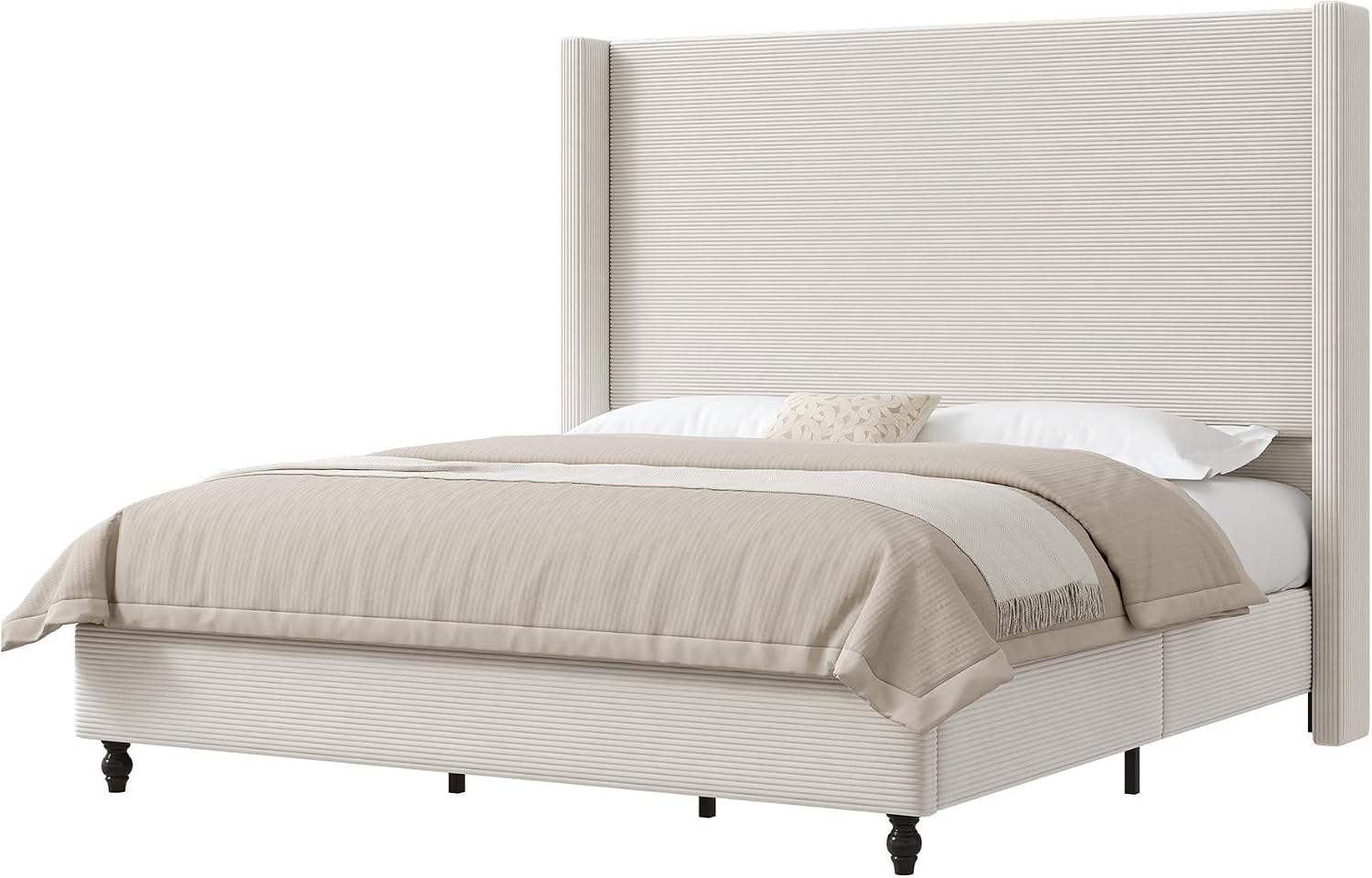AMERLIFE King Size Bed Frame with 65' Tall Headboard, Upholstered Corduroy Bed Frame with Wingback, Platform Bed with Solid Wood Gourd Legs, Solid Slats, No Box Spring Needed, White