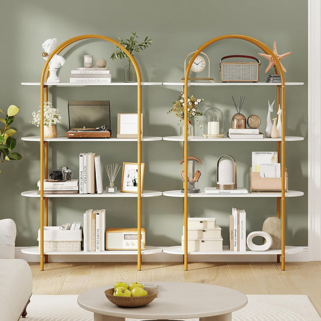 Giantex Arched Bookshelf Set of 2, 4-Tier Modern Open Bookcase with Sturdy Metal Frame, Freestanding Display Storage Organizer for Living Room, Home Office and Bedroom, Gold & White