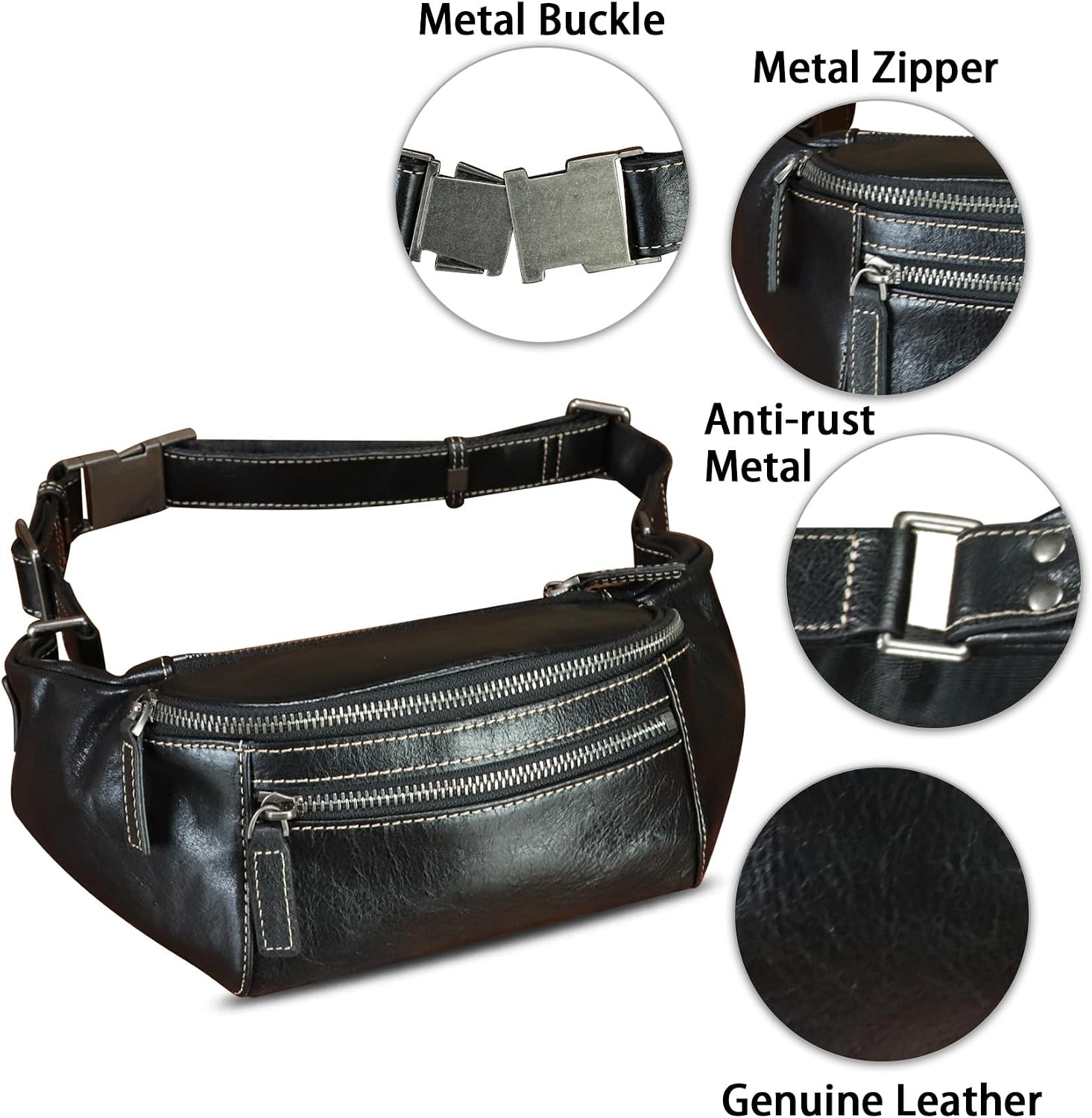 Genuine Leather Fanny Pack for Women and Men Vintage Real Leather Waist Bag Hip Bum Crossbody Sling Bags (Black)