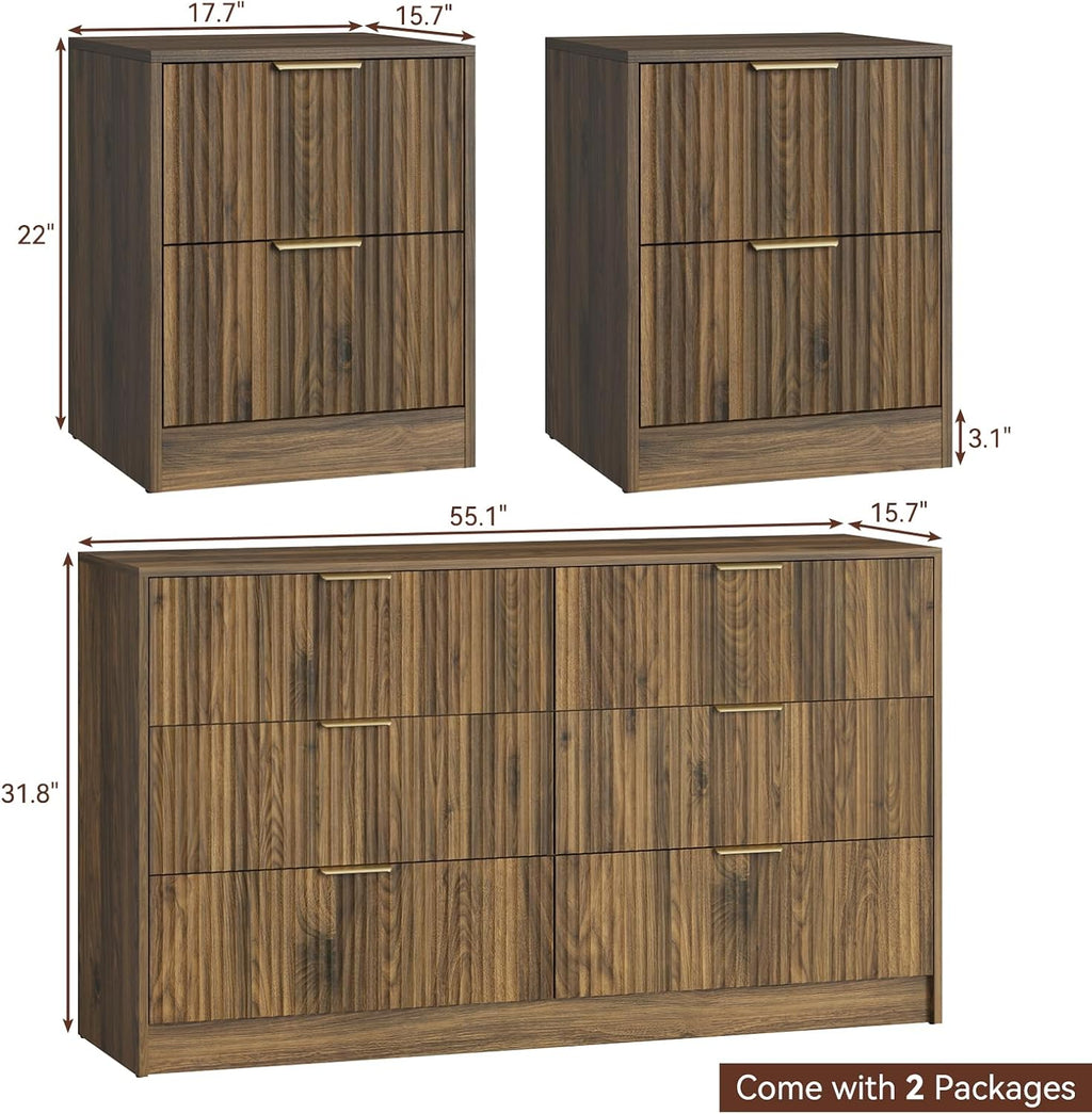 6 Drawer Dresser & Nightstand Set 3-Piece, 55' Wide Fluted Dresser and Night Stand Set of 2 with Metal Handle, Modern Wood Chest of Drawers Storage Dressers Set for Bedroom, Walnut