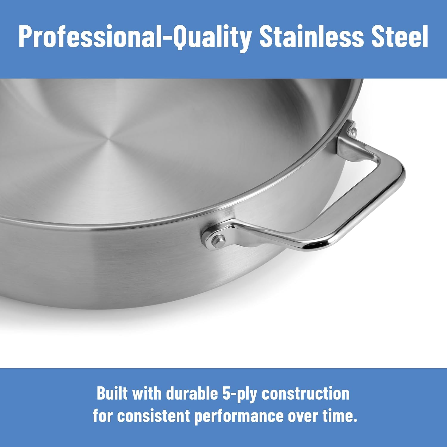Misen 5-Ply Stainless Steel Sauté Pan with Lid - Versatile, Durable, Dishwasher and Oven Safe - Even Heating, Ergonoic Stay-Cool Handle - For Searing, Braising, and More - 3 QT