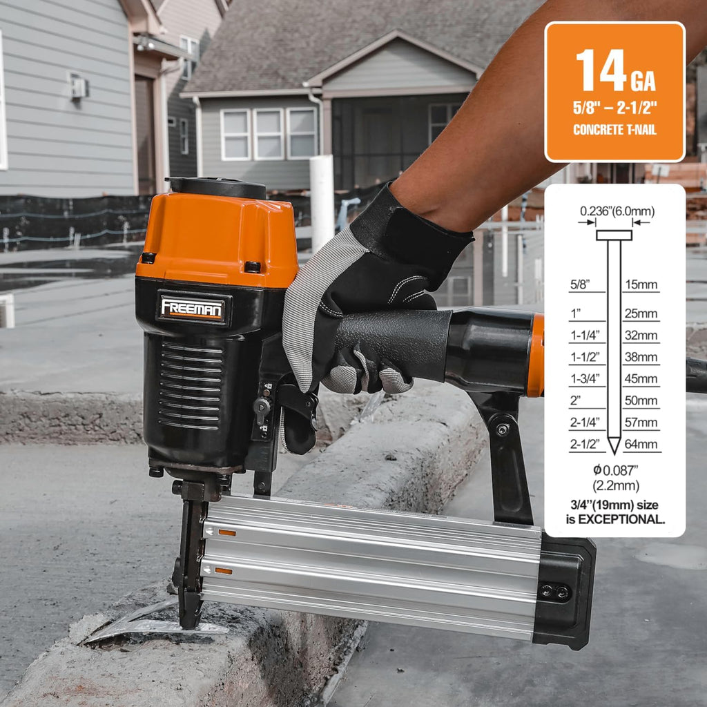 Freeman PCTN64 Pneumatic 14-Gauge Concrete T Nailer, 5/8'–2-1/2' Nails, Heavy Duty Concrete & Steel Nail Gun for Plywood, Decking, Furring, Fencing, Subflooring, Siding, and Soffits