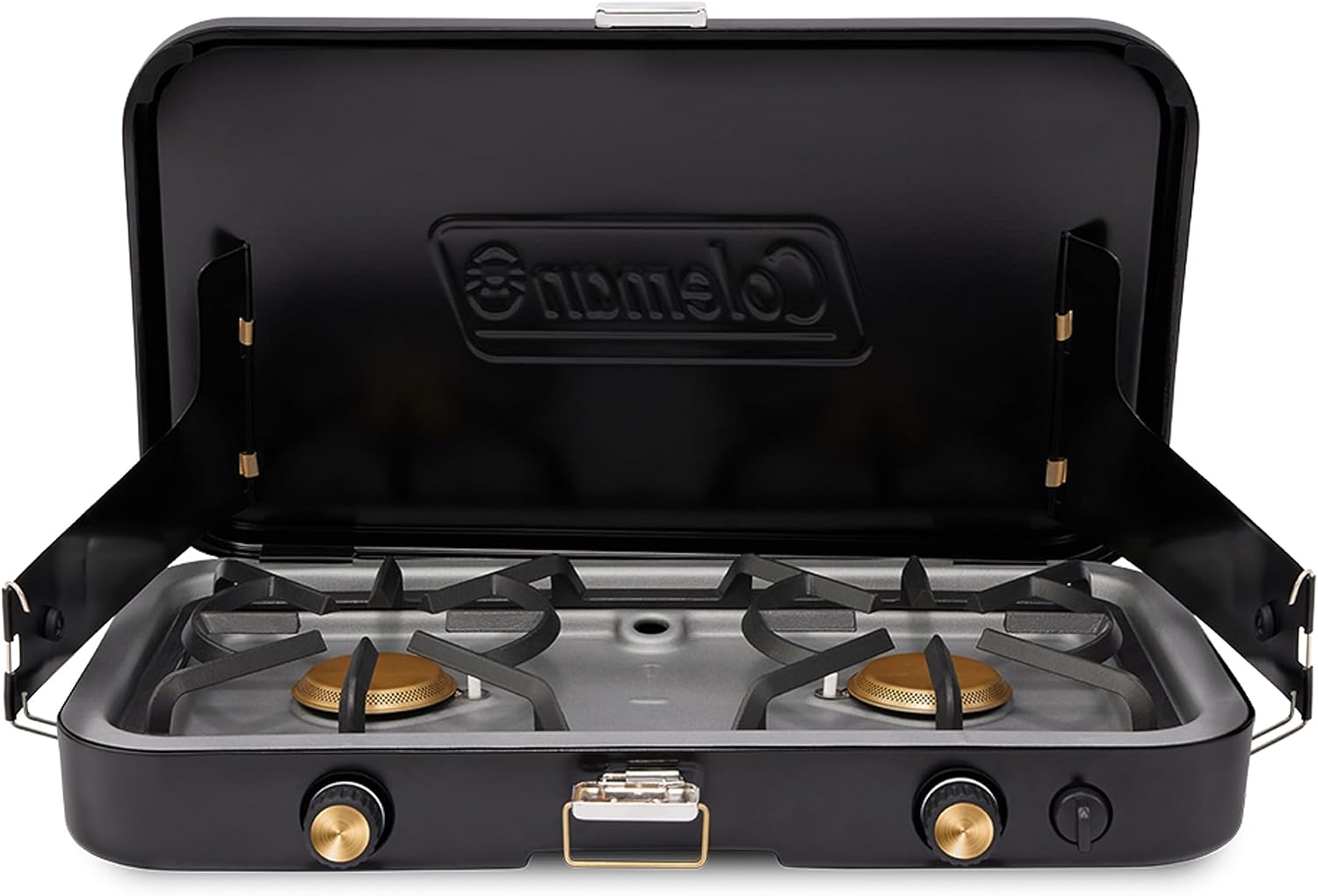 Coleman 1900 Collection 3-in-1 Propane Camping Stove, Cast Iron Grill & Griddle Accessories Included, 24,000 BTUs Across 2 Adjustable Burners with Wind Guards & Matchless Lighting