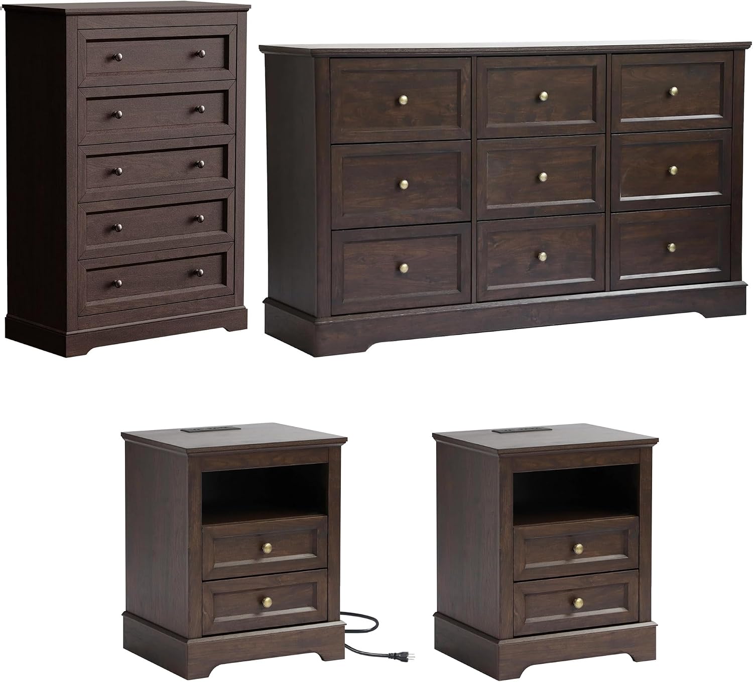 LOUVIXA Farmhouse Bedroom Sets of 4, 4Pcs Farmhouse Dresser Set，Including 9 Drawer Dresser, 5 Drawer Dressers and Nightstand Set of 2 with Charging Station (Brown Sets, 4 Pieces)