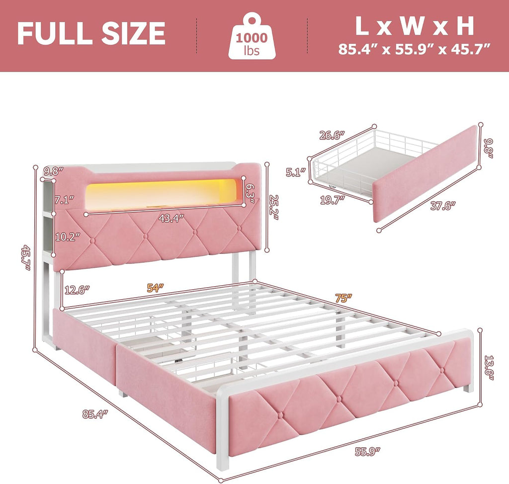Full Upholstered LED Bed Frame with 2 Storage Drawers and 2-Tier Storage Headboard, Velvet Princess Platform Bed with Charging Station & Bookcase, Heavy Duty Metal Support, No Box Spring Needed, Pink