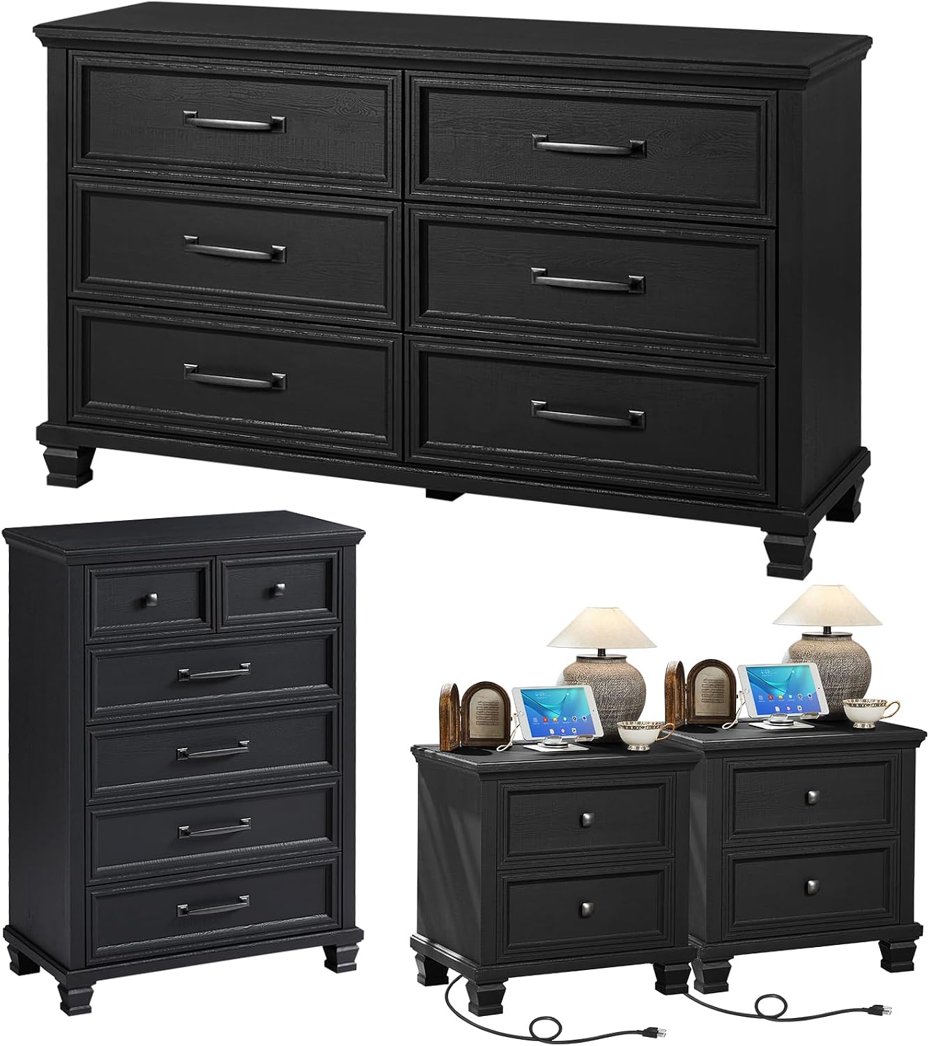 SAVOR LIFE Farmhouse Black Bedroom Sets of 4, Includes 6 Drawer Large Dresser, 2 Drawers Night Stand with Charging Station, Low 6 Chest of Drawers, Wood Rustic Dresser & Nightstand Set for Home