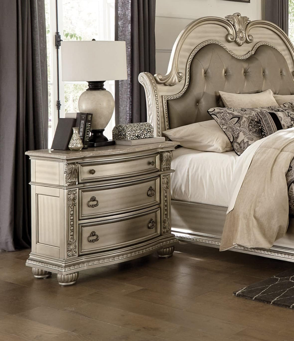 New Formal Traditional 6pc Set King Size Faux Leather Tufted Bed Silver Finish Classic Design Marble Top Bedroom Furniture